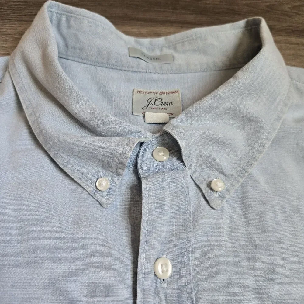 J.Crew Organic Cotton Button Up Shirt Mens XXLT Light Blue Short Sleeve Classic